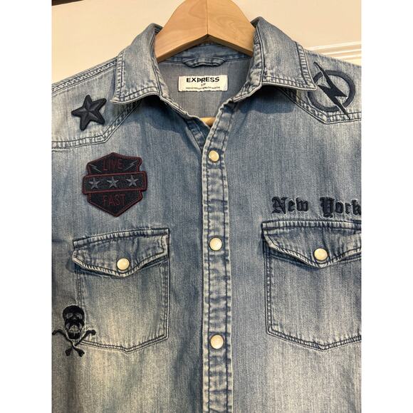 Express Denim Style Patch Shirt with Pearly Snaps - Picture 2 of 5
